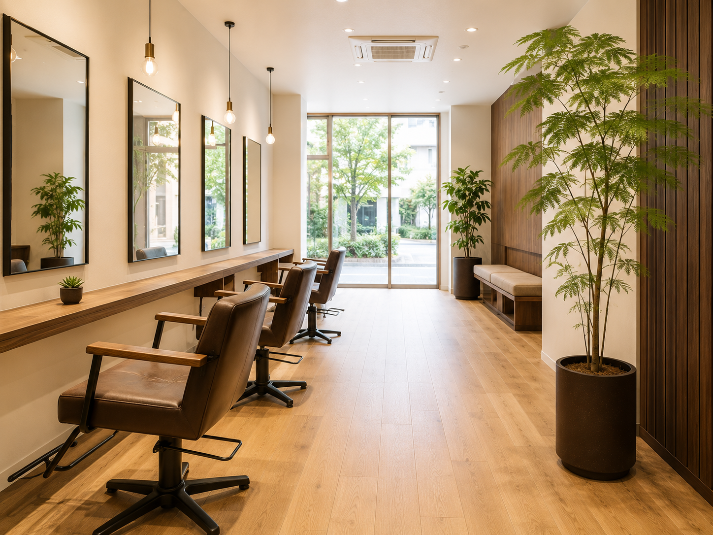 美容室の店内に観葉植物を設置した様子（AI生成のイメージ画像）