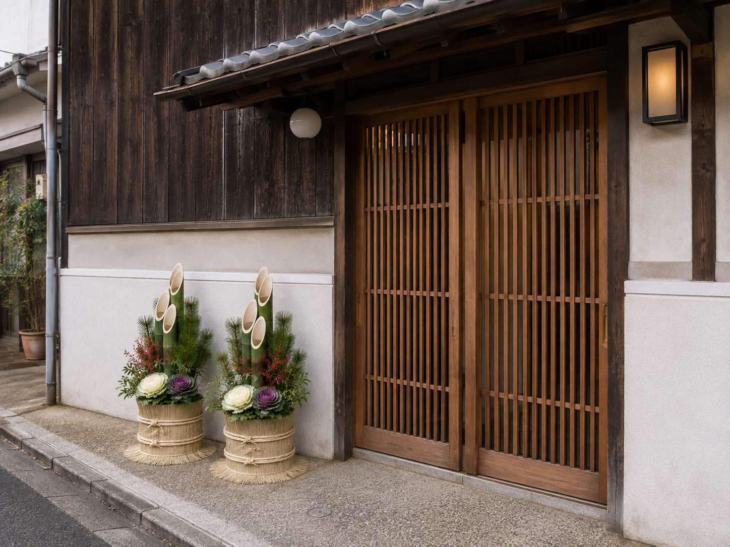 小規模な飲食店の軒先、引き戸の脇に小型の門松を一対設置した様子（AI生成のイメージ画像）