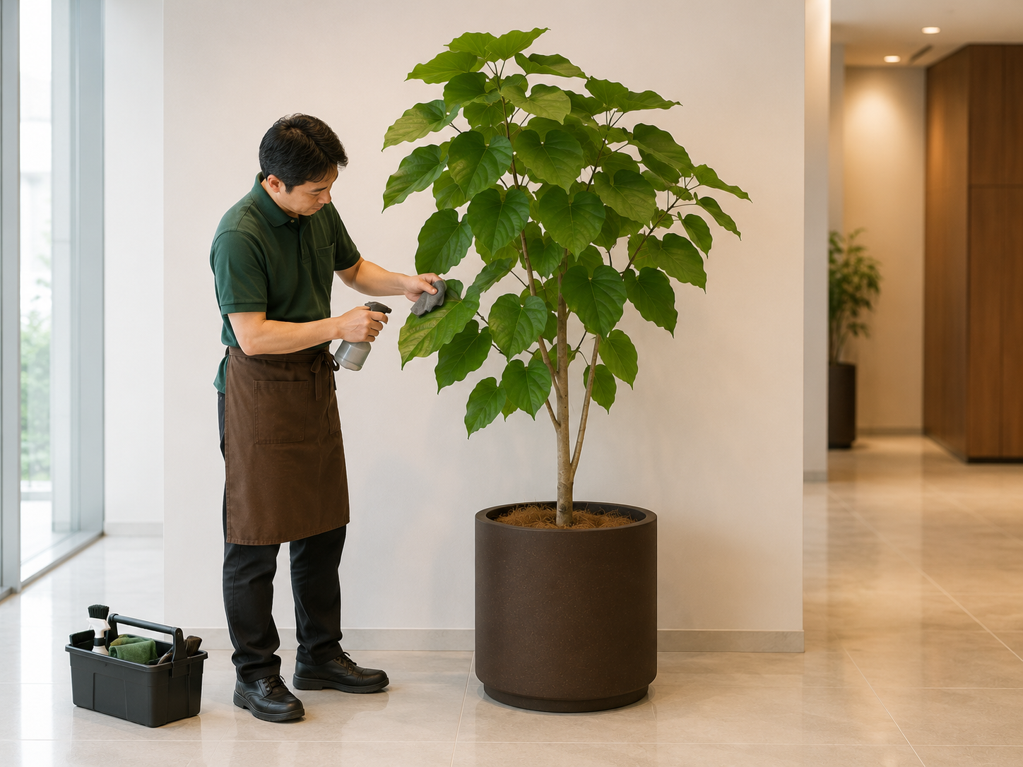 作業スタッフがオフィスで観葉植物の葉を布で拭いている様子（AI生成のイメージ画像）
